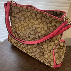 Coach Signature Canvas Shoulder Bag with Pink Trim